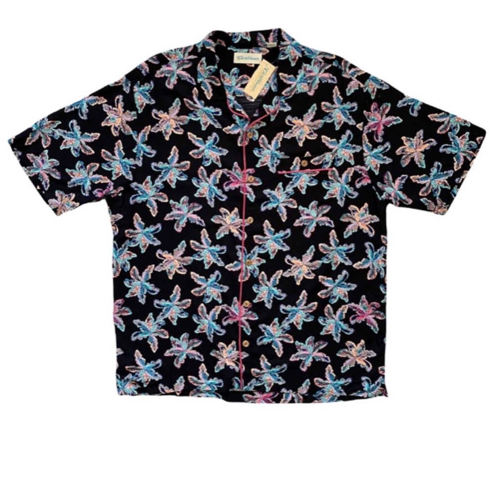 Caribbean Roundtree & Yorke Nwt Black Floral Piping Button Front Shirt XL